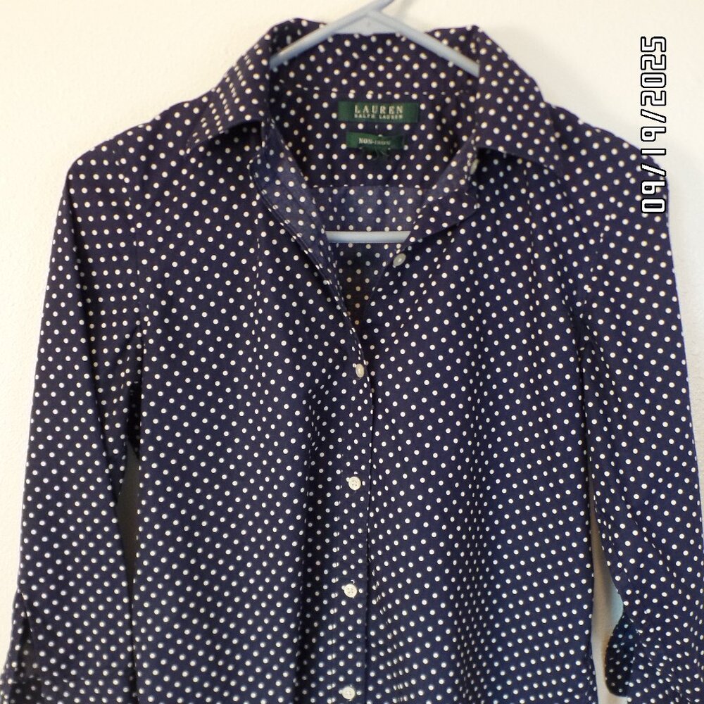 Lauren Ralph Lauren No Iron Blue and White Polka Dot Blouse 3/4 Sleeve